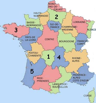 Carte numérotée de régions de France